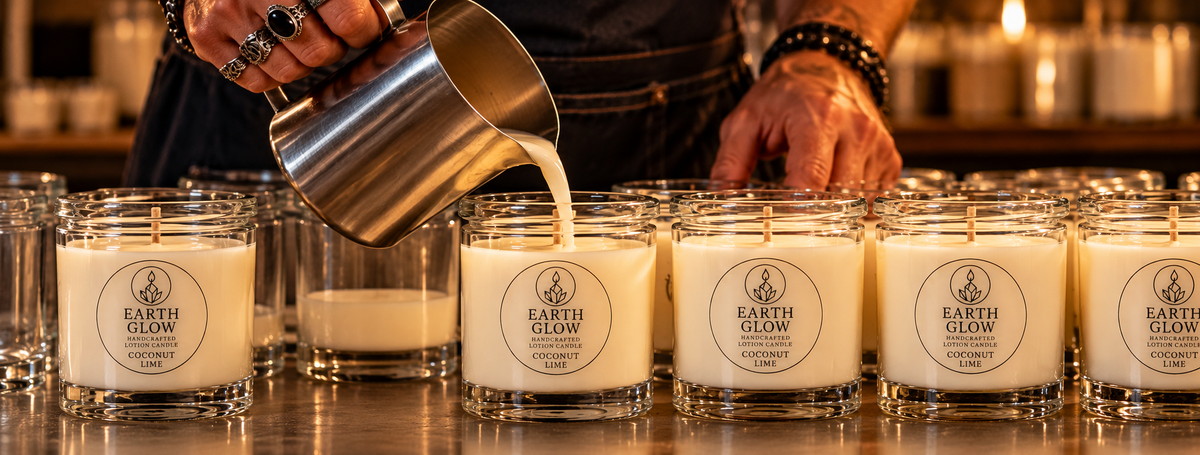 Hands pouring Earth Glow lotion candles in a small-batch workshop