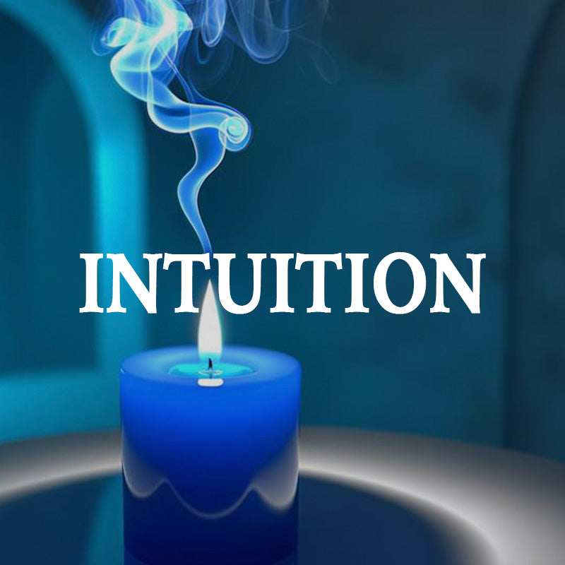 Blue candle with blue smoke and the word 'INTUITION' on a dark blue background