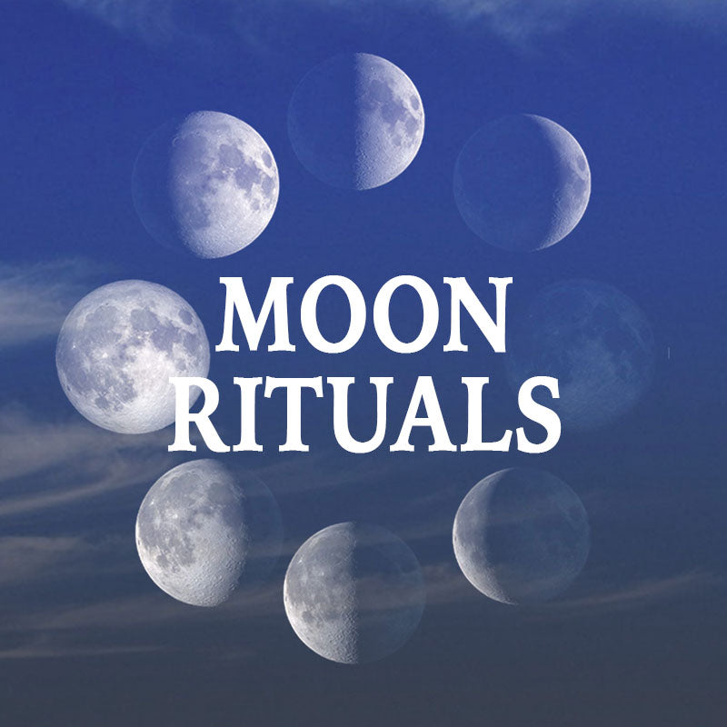 Text 'MOON RITUALS' with images of moons in different phases on a blue background