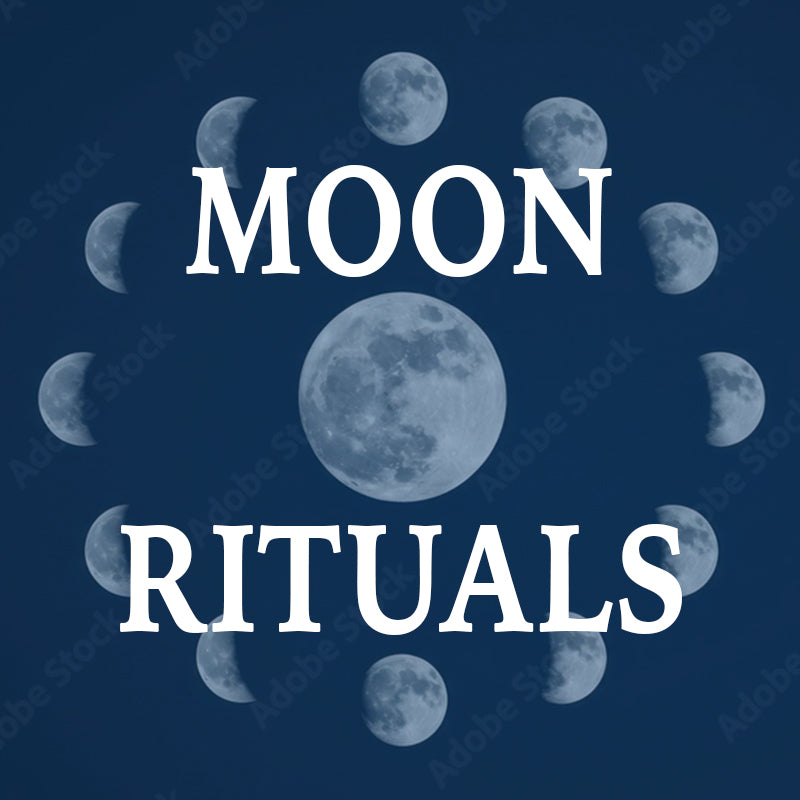 Text 'MOON RITUALS' surrounded by moon phases on a dark blue background