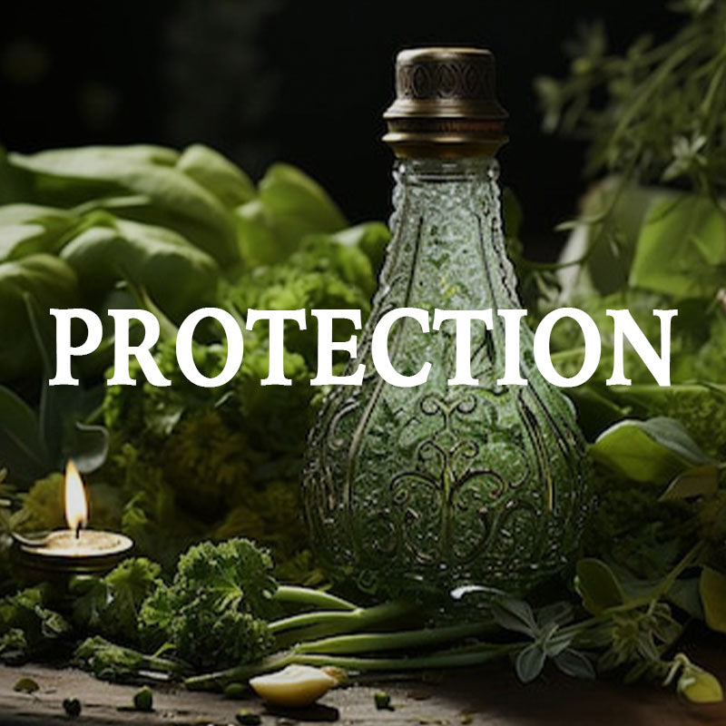 Decorative bottle with herbs and a candle on a dark background, labeled 'PROTECTION'.