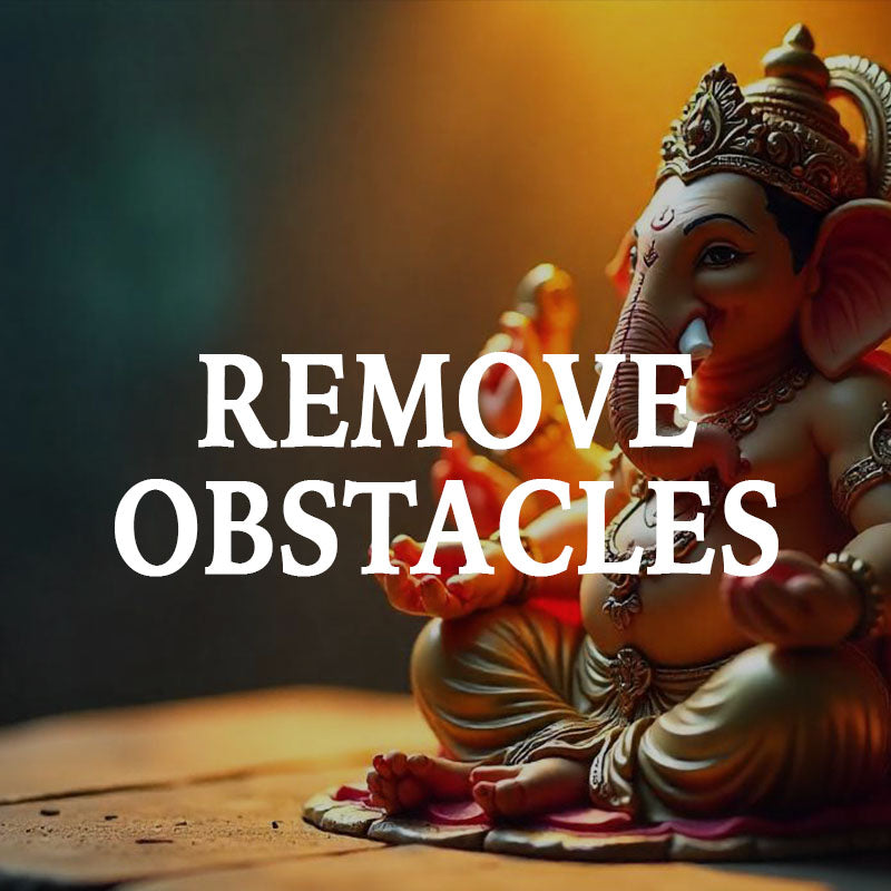Statue of a deity with text 'REMOVE OBSTACLES' on a blurred background