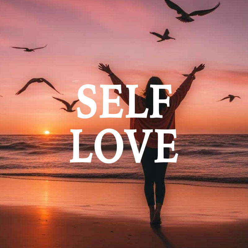 Person on a beach with arms outstretched at sunset, with 'SELF LOVE' text overlay.