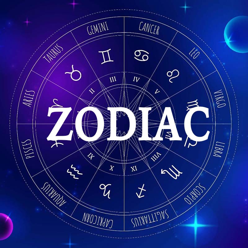 Zodiac sign chart with zodiac text on a blue background